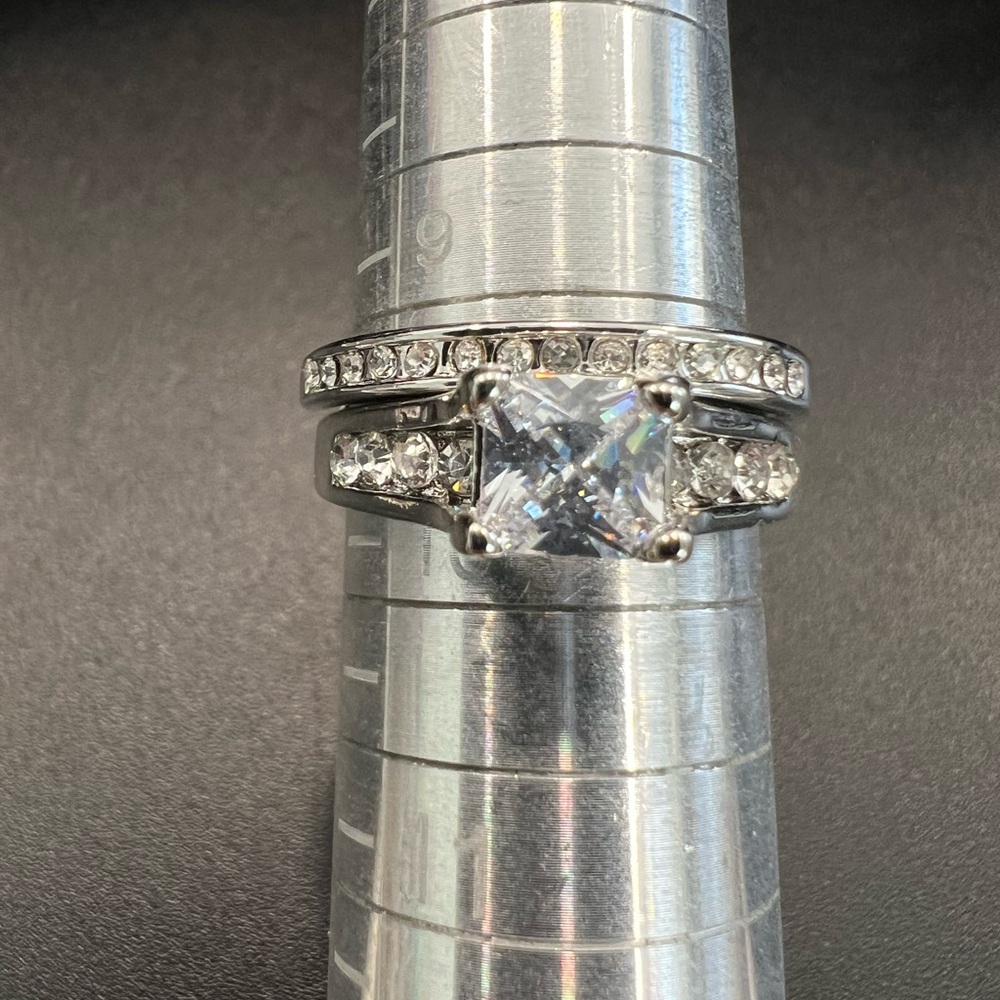 Silver-Tone Clear CZ Princess Cut Engagement Ring Set - Women Jewelry